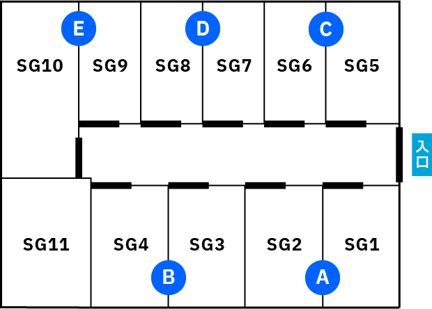 SG1からSG10までの部屋の配置や入口を示したフロアマップ